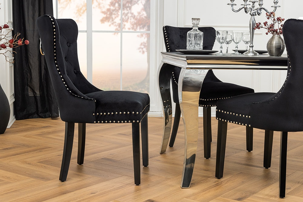 Chesterfield Stuhl CASTLE schwarz Samt Massivholz Ziernieten mit Komfortgriff