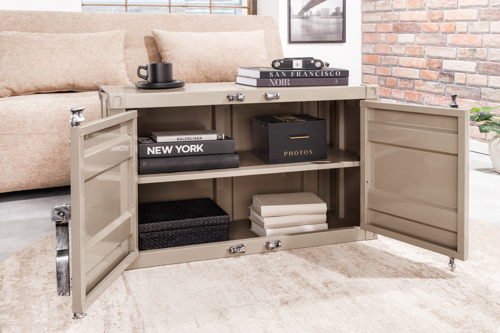 Container-Schrank GLOBETROTTER 80cm greige Metall Couchtisch mit Flügeltüren Kommode
