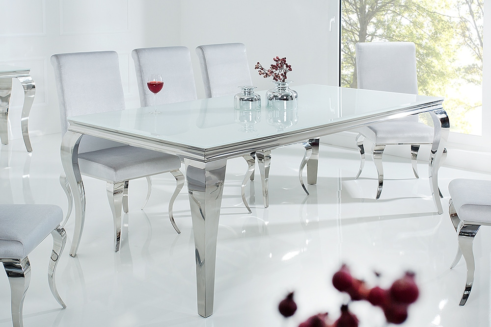 Design Esstisch MODERN BAROCK 200cm weiß Opalglas Tischplatte Edelstahl