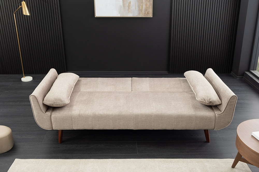 Design Schlafsofa DIVANI 220cm champagner beige Samt 3-Sitzer mit Bettfunktion Walnuss-Füße