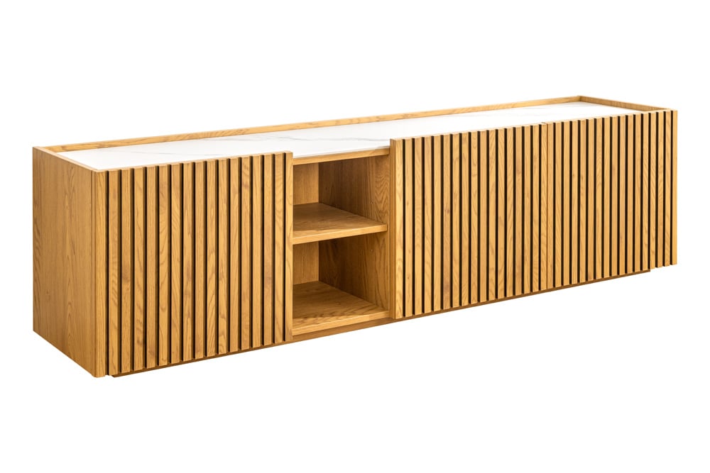 Design Lowboard VICENZA 180cm weiß Keramik natur Eiche Lamellenfront