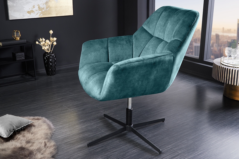 Drehbarer Design Sessel PAPILLON petrol Samt 360° schwarz Metall höhenverstellbar