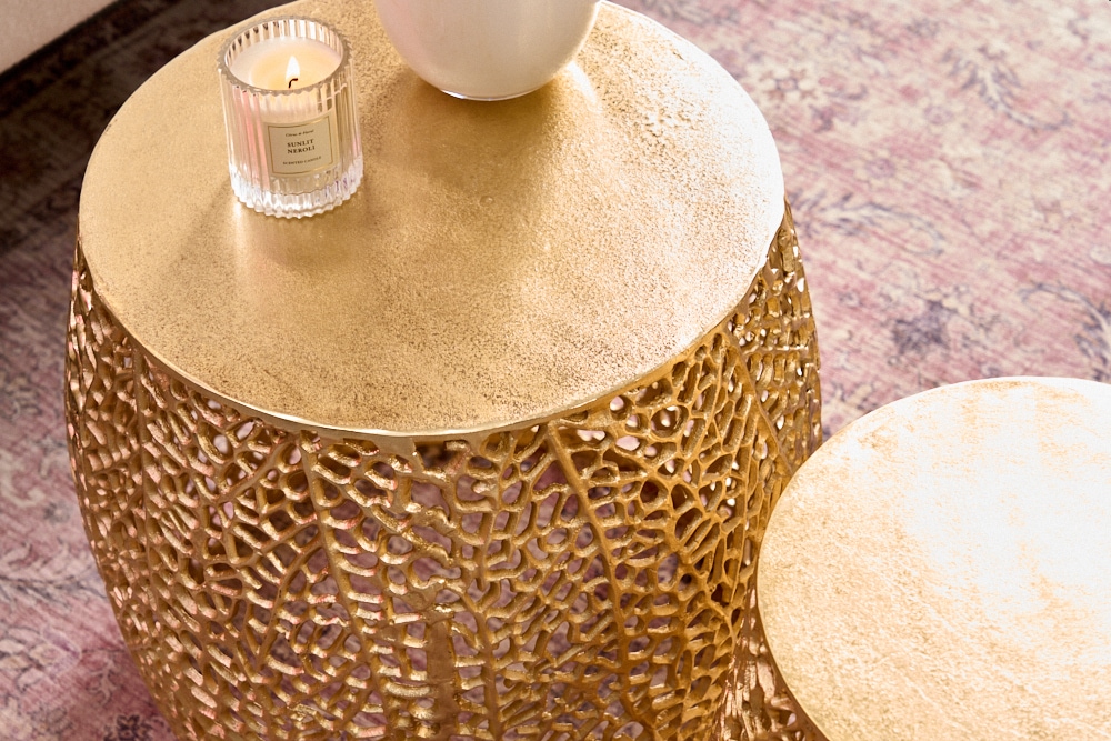 2er Set Filigraner Design Couchtisch ABSTRACT LEAF gold Handarbeit Metall rund