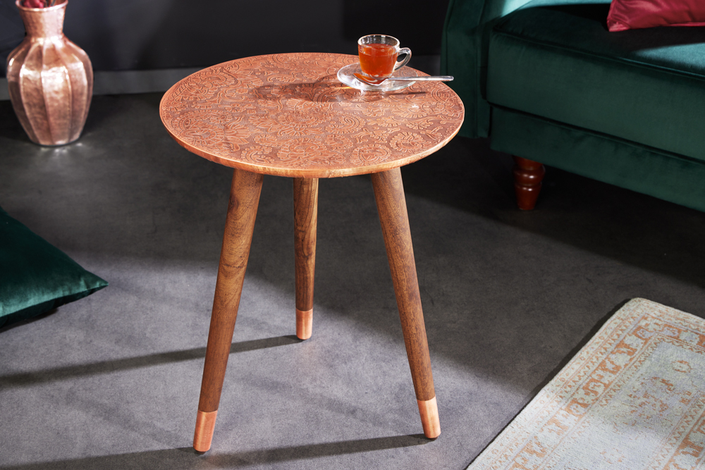Design Beistelltisch ALCAZAR 50cm antik kupfer Metall Mangoholz Handarbeit rund