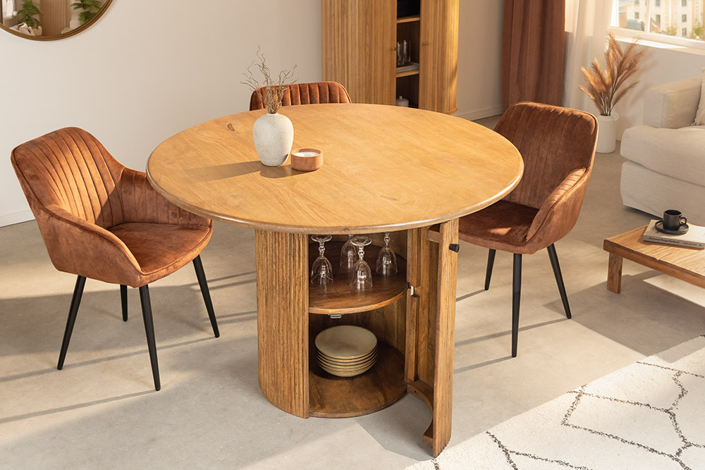 Runder Esstisch TRES CHIC 120cm braun Mangoholz Massivholz mit Stauraum » Jetzt kaufen