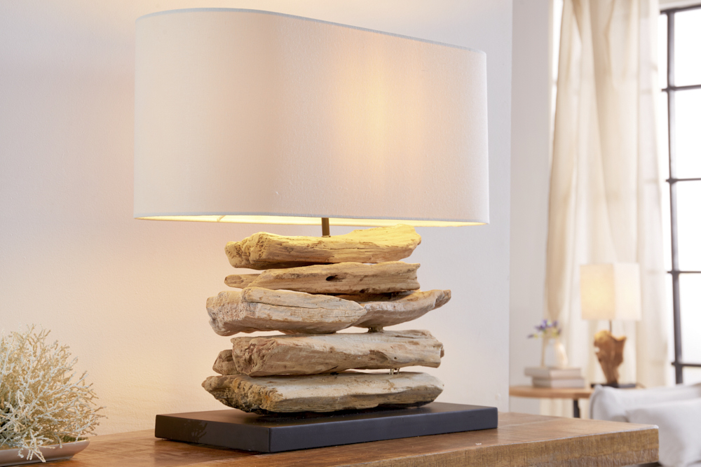 Handgearbeitete Treibholz Lampe RIVERINE 55cm creme Leinenschirm Tischleuchte