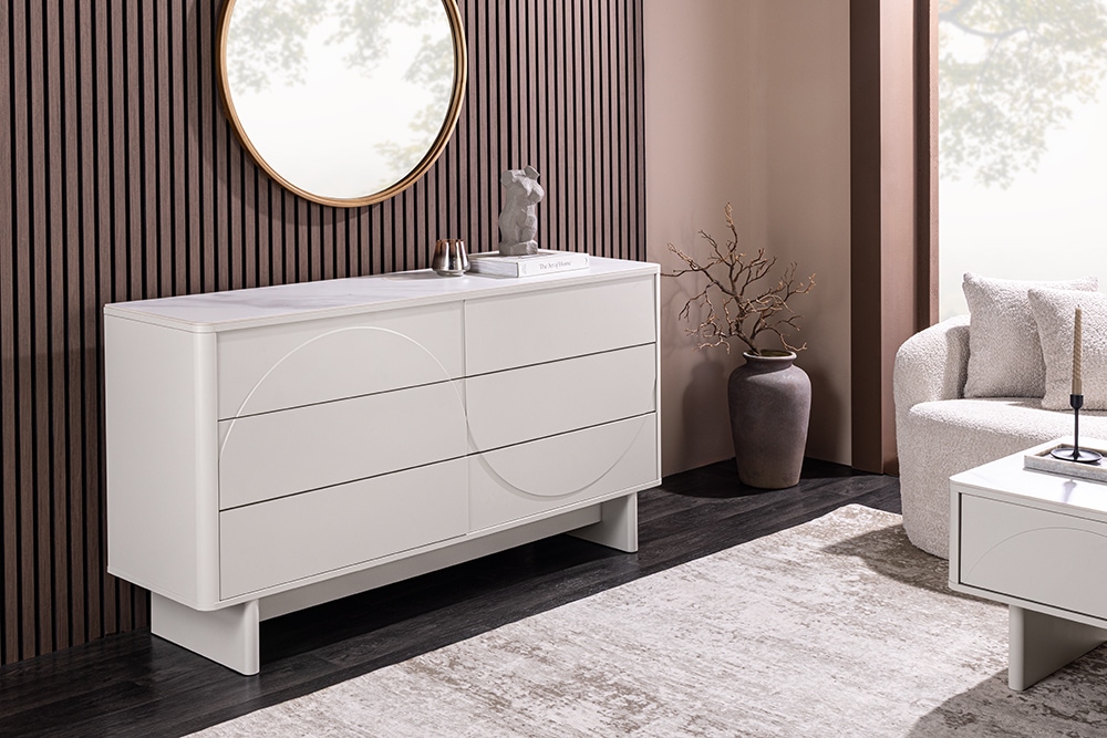Design Sideboard SAVOY 150cm kaschmir weiß Marmor Keramik mit sechs Schubladen