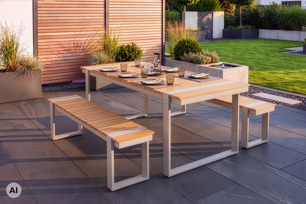 Wetterfester Gartentisch TAMPA LOUNGE 160cm greige natur Aluminium Metall Holz-Design Outdoor
