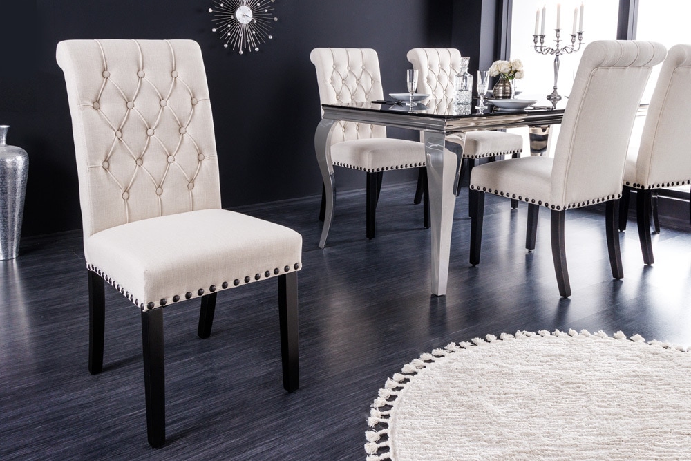 Design Stuhl CASTLE beige schwarz Strukturstoff Holzfüße Chesterfield