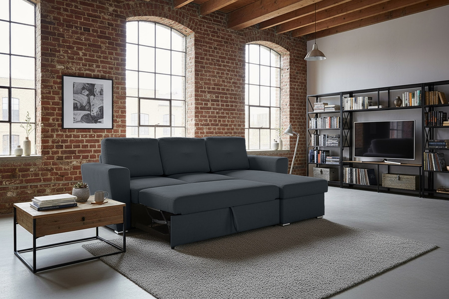Ecksofa mit Schlaffunktion APARTMENT beidseitig aufbaubar grau Strukturstoff inkl. Stauraum