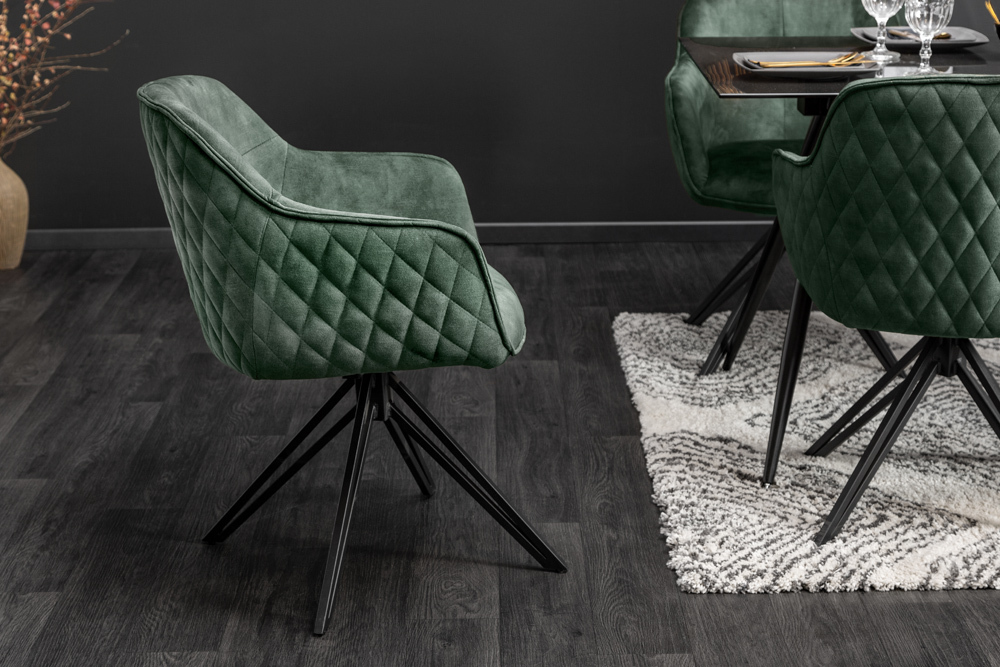 Drehbarer Design Stuhl EUPHORIA dunkelgrün Samt mit Armlehne Metallgestell schwarz