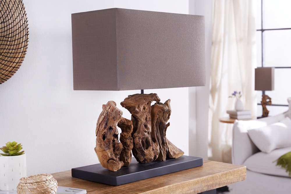 Handgefertigte Tischlampe ARAGON 50cm braun Treibholz-Fuß mit Leinenschirm