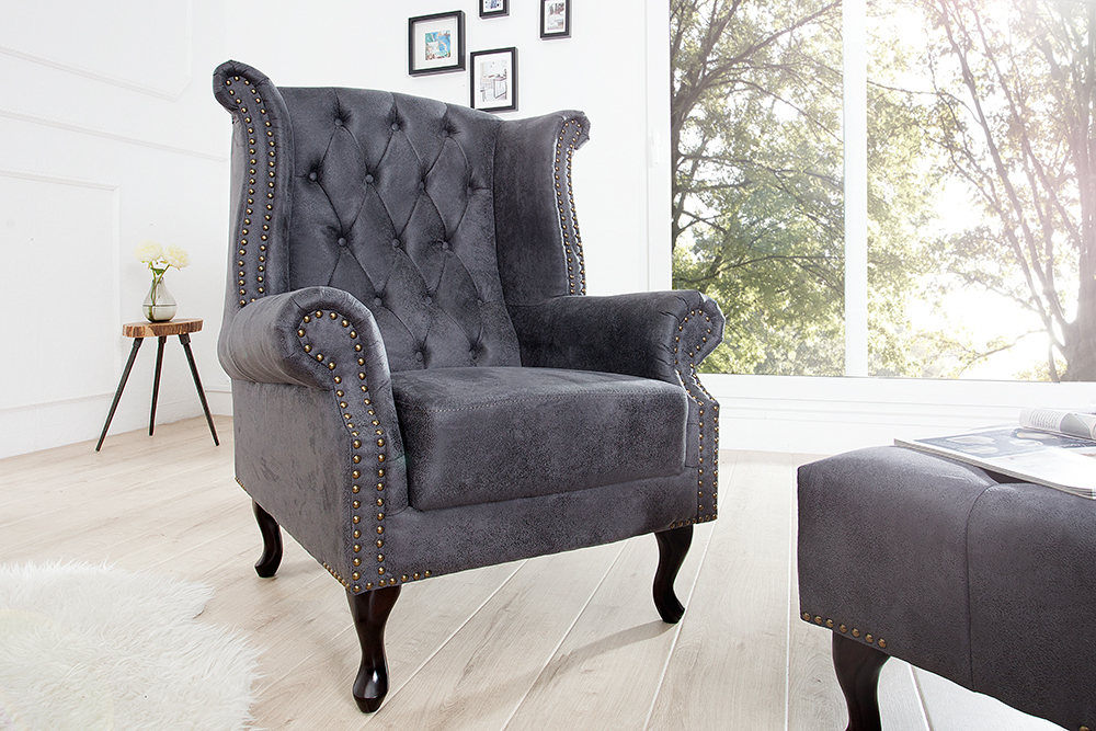 Chesterfield Ohrensessel antik grau Microfaser mit Knopfheftung