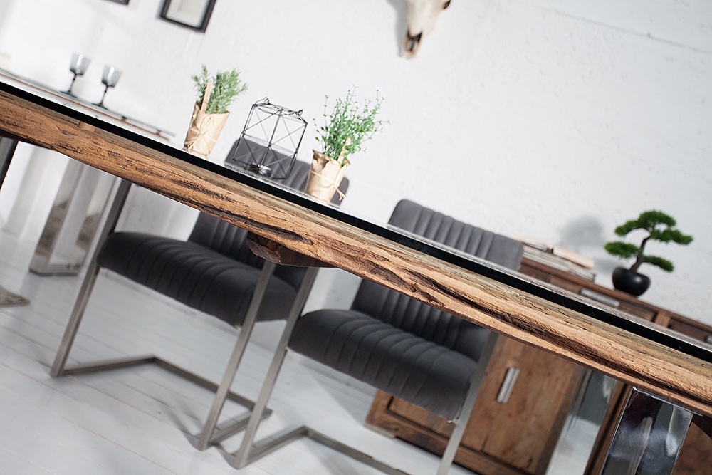 Massiver Esstisch BARRACUDA 240cm antik Teak Holz mit Stahl Kufenfüßen inkl. Glasplatte