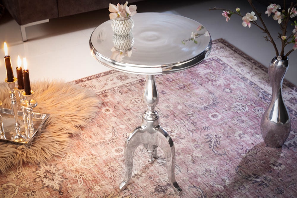 Eleganter Beistelltisch SAVOY 55cm silber poliert Dreibein mit runder Platte