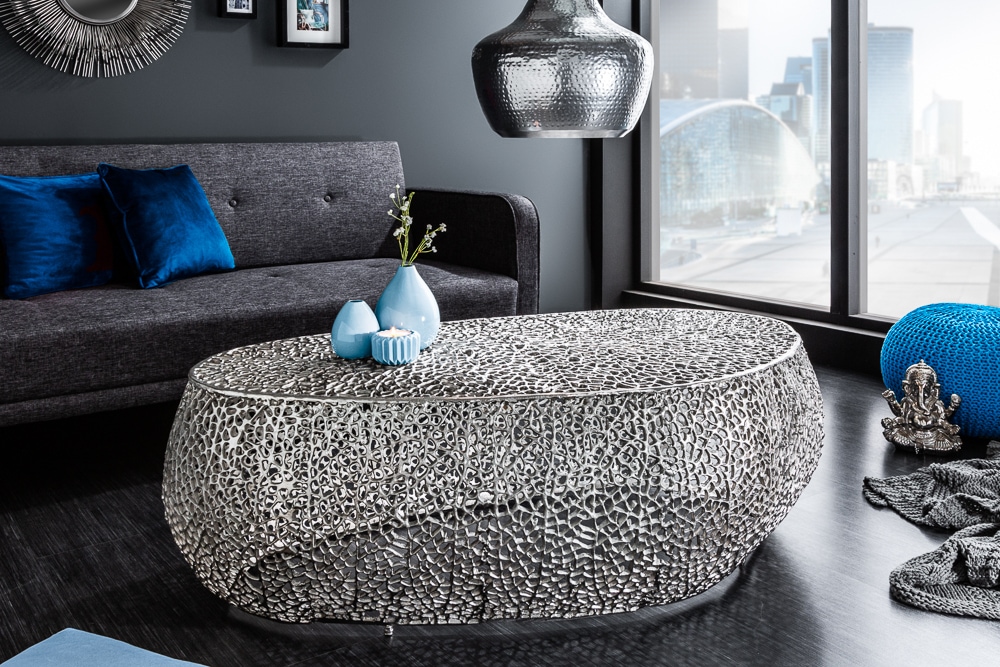Filigraner Design Couchtisch ABSTRACT LEAF 130cm silber Handarbeit