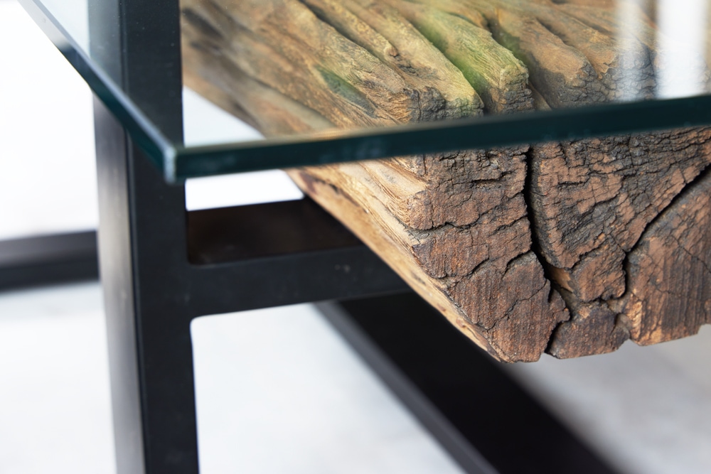 Design Couchtisch BARRACUDA 130cm recyceltes Teakholz Glasplatte schwarz Edelstahl Industrial