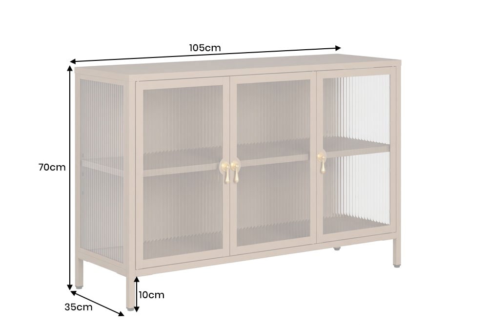 Modernes Sideboard AMSTERDAM 105cm greige gold Vitrine Schrank Riffelglas Metall