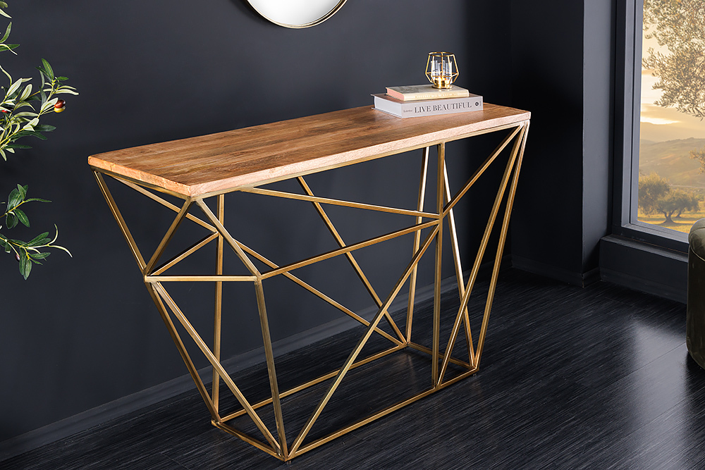 Abstrakter Konsolentisch DIAMOND 120cm natur messing Mangoholz Metallgestell
