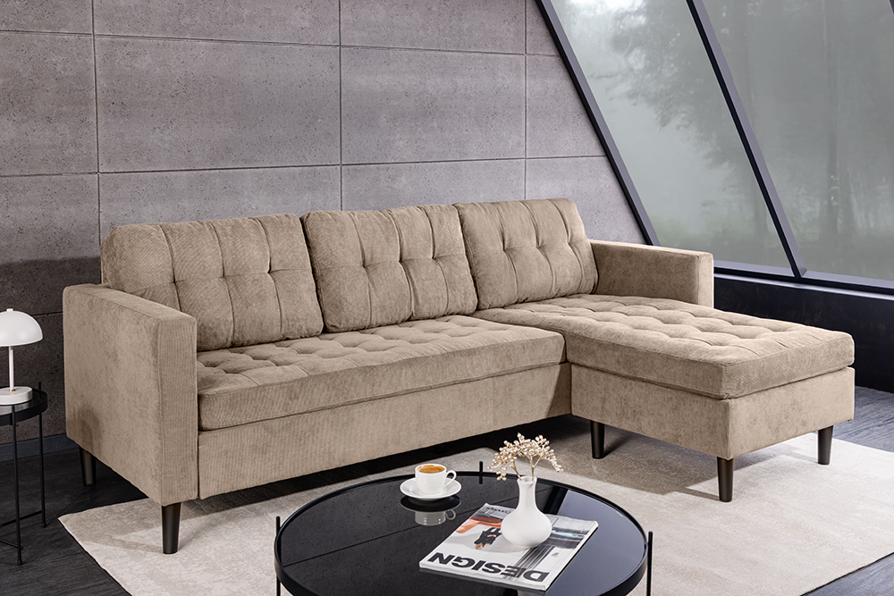 Retro Ecksofa STOCKHOLM 220cm taupe Cord Federkern 3-Sitzer