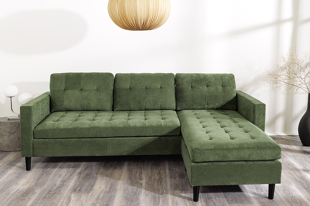 Retro Ecksofa STOCKHOLM 220cm grün Cordstoff Federkern 3-Sitzer