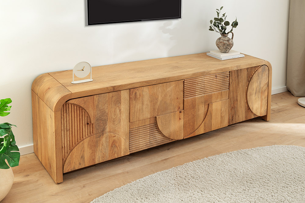 Massives TV-Board ART DECO 170cm cream finish beige Mangoholz abgerundet