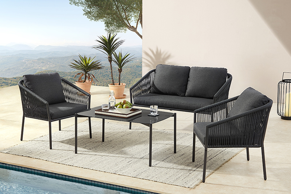 Outdoor Garten-Sitzgruppe AIRE ROPE anthrazit wetterfest inkl. Tisch und Kissen » Jetzt kaufen