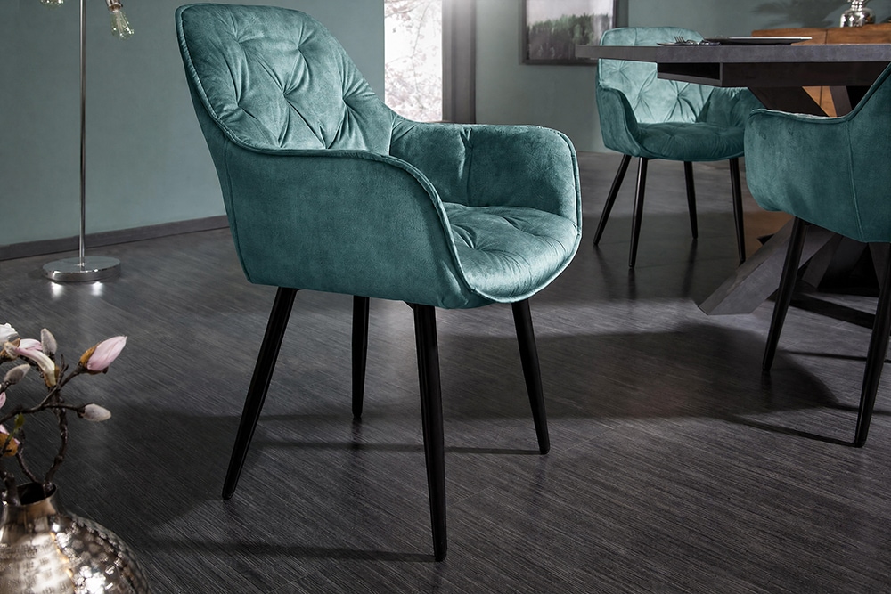 Design Stuhl MILANO petrol Samt mit Armlehne Ziersteppung gepolstert schwarze Metallbeine