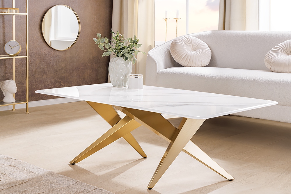 Moderner Couchtisch ART LIVING 130cm weiß Marmor Keramik champagner gold brushed » Jetzt kaufen