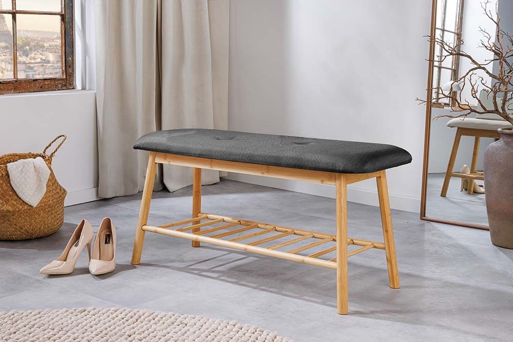Stilvolle Schuhbank ZEN-BO 90cm natur grau Bambus Regal Sitzbank mit Stauraum
