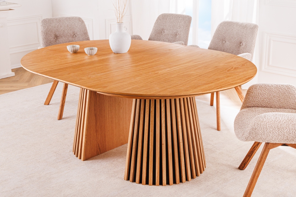 Ausziehbarer Esstisch VALHALLA WOOD 120-160-200cm natur Eichenholz oval Säulenfuß