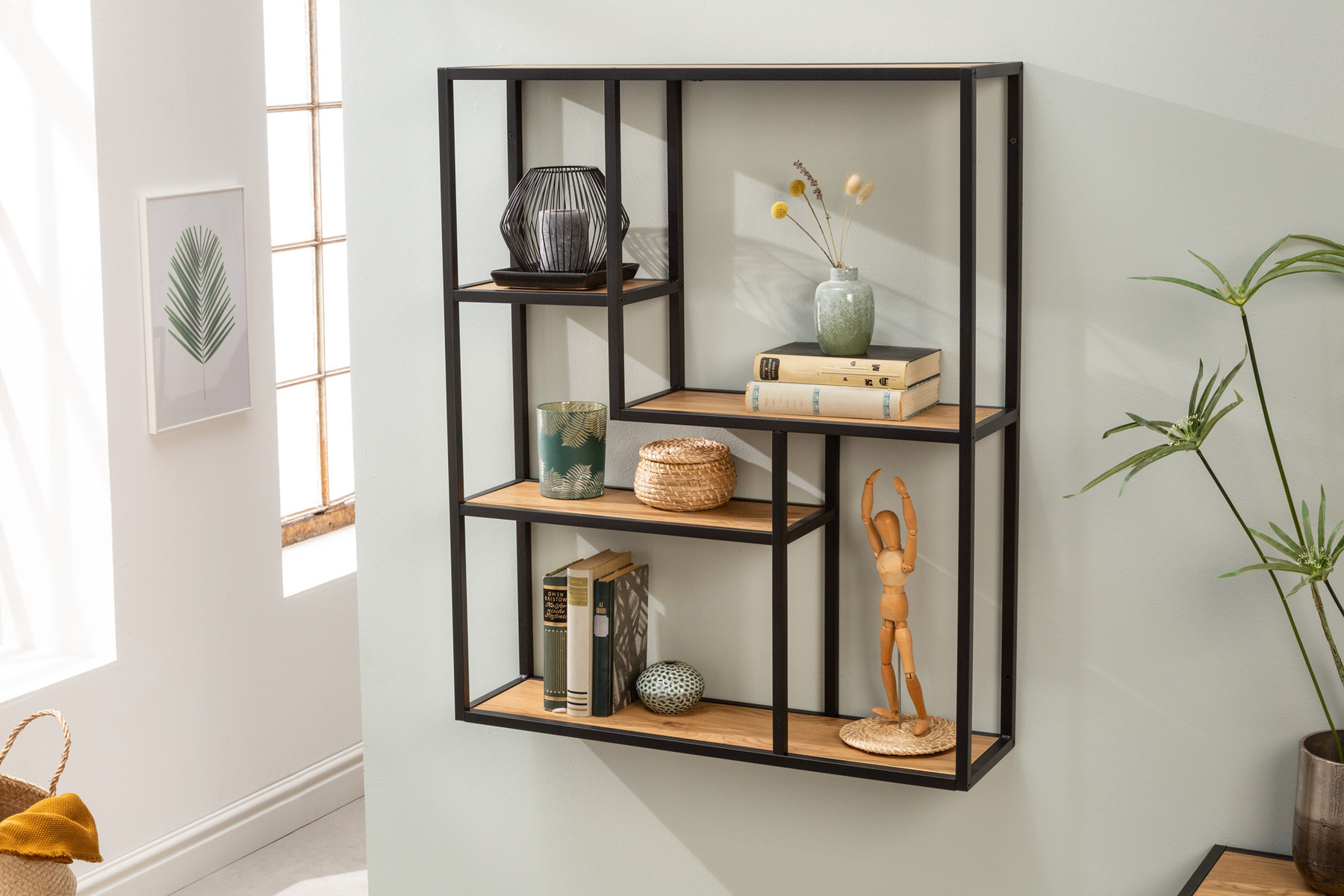 Industrial Wandregal SLIM LINE 90cm Wildeiche schwarz fünf Regalböden