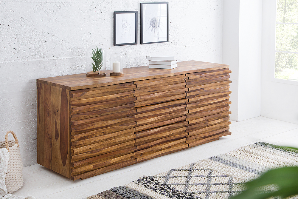 Massivholz Sideboard RELIEF 160cm braun Sheesham stone finish Kommode mit Schubladen