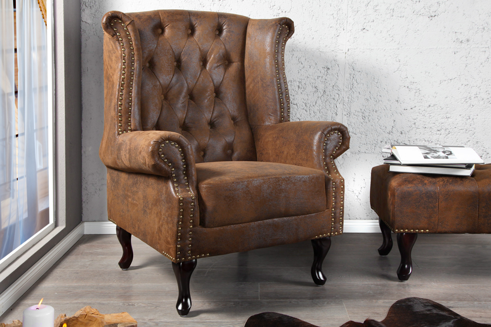 Chesterfield Sessel 85cm antik braun Microfaser mit Knopfheftung