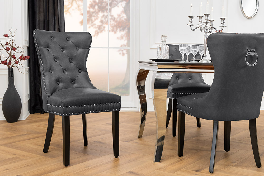 Chesterfield Stuhl CASTLE schwarz Kunstleder Massivholz mit Komfortgriff
