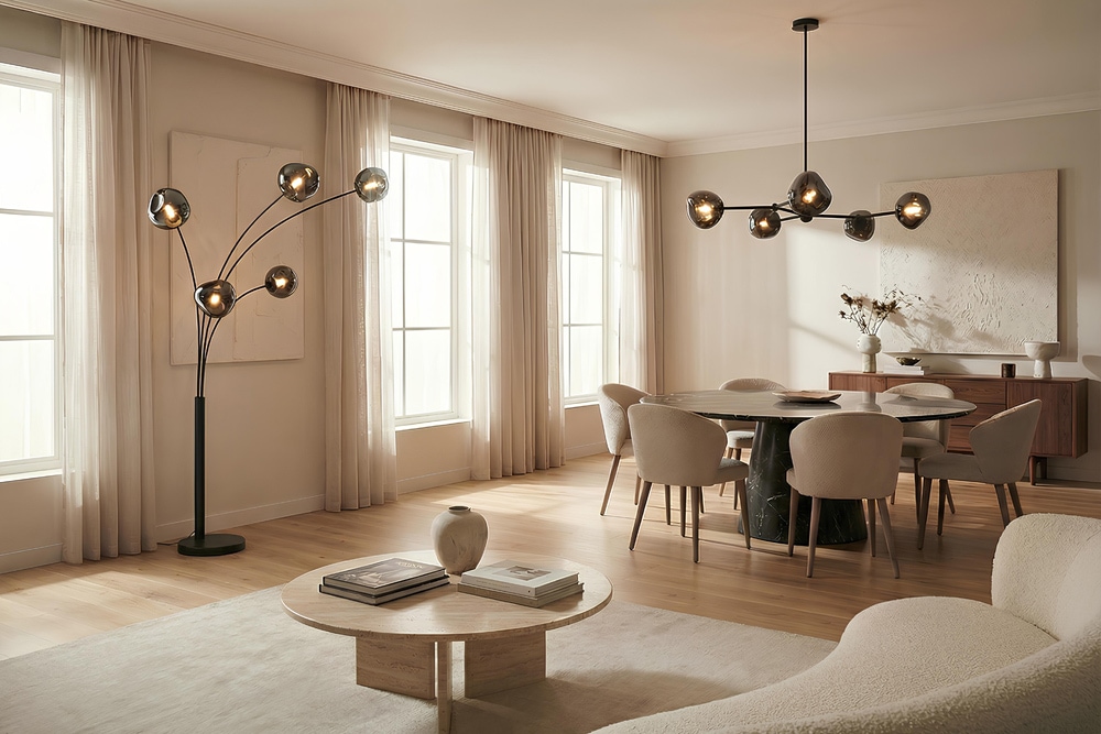 Design Stehlampe LIQUID DIAMOND 200cm schwarz smoke grau fünf Glasschirme mit Marmorfuß