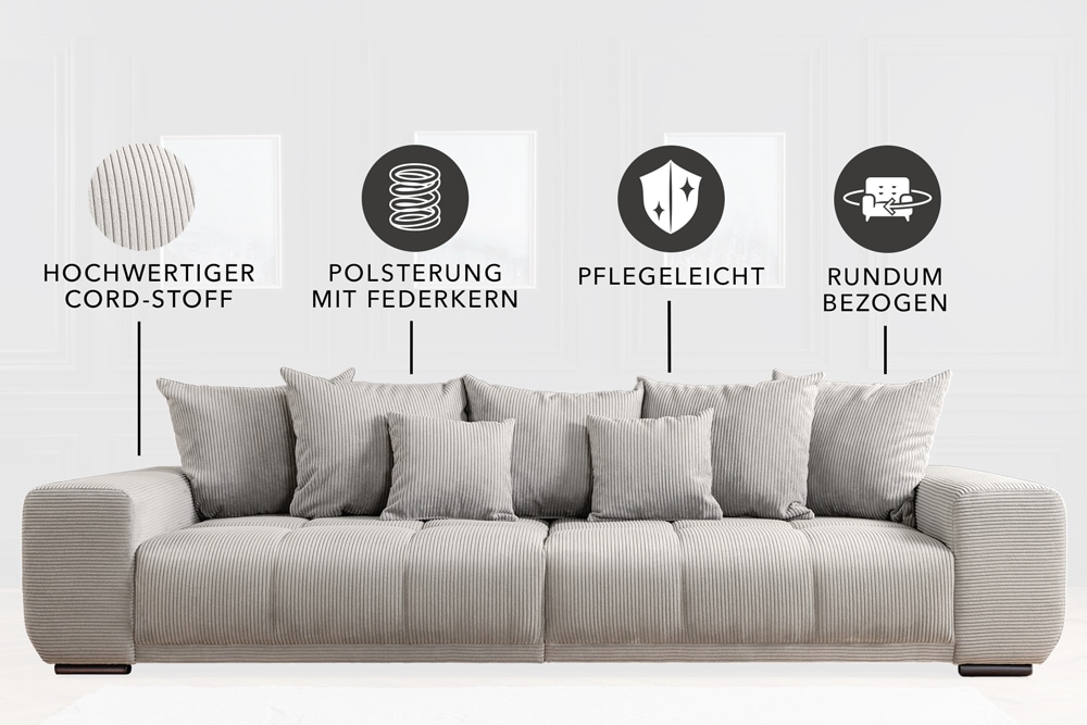 Modernes XXL Sofa ELEGANCIA 285cm champagner beige Cord inklusive Kissen Bigsofa