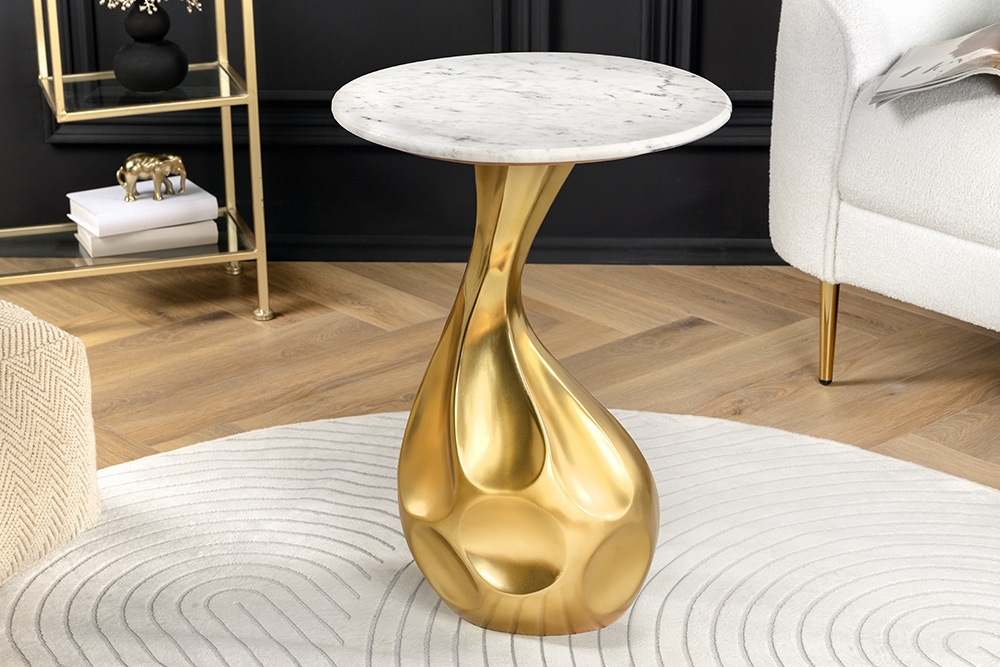 Runder Beistelltisch TEAR 60cm gold weiß mit Marmor-Tischplatte handmade » Jetzt kaufen