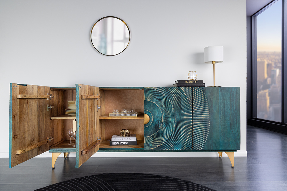 Handgearbeitetes Sideboard GOLDEN SUNSET 180cm türkis gold Mangoholz Metallbeine