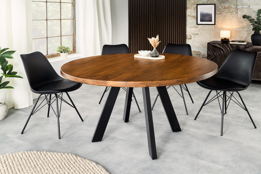 Massiver Esstisch IRON CRAFT 100cm rund honey finish Mangoholz schwarze Metallbeine » Jetzt kaufen