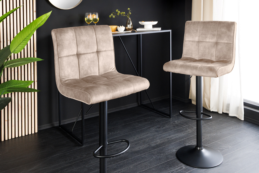 Höhenverstellbarer Barhocker MODENA champagner beige Samt Metall schwarz drehbar