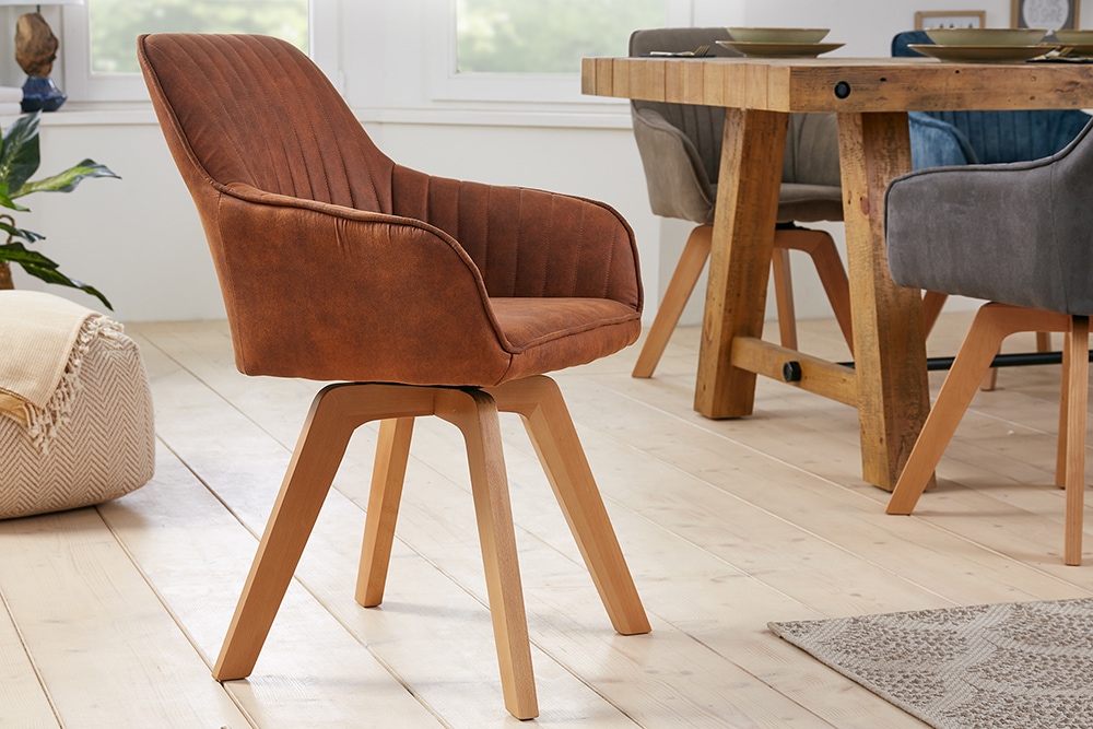 Drehbarer Design Stuhl LIVORNO vintage braun Buchenholz Beine mit Armlehnen