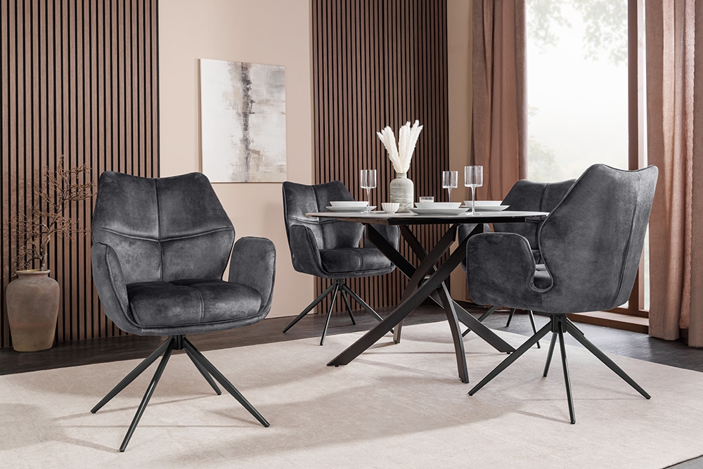 Drehbarer Design Stuhl CONCORD dunkelgrau Samt Taschenfederkern Metallgestell schwarz