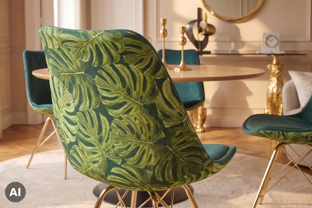 Design Stuhl SCANDINAVIA MEISTERSTÜCK grün Chenille gold Metall Monstera-Blatt