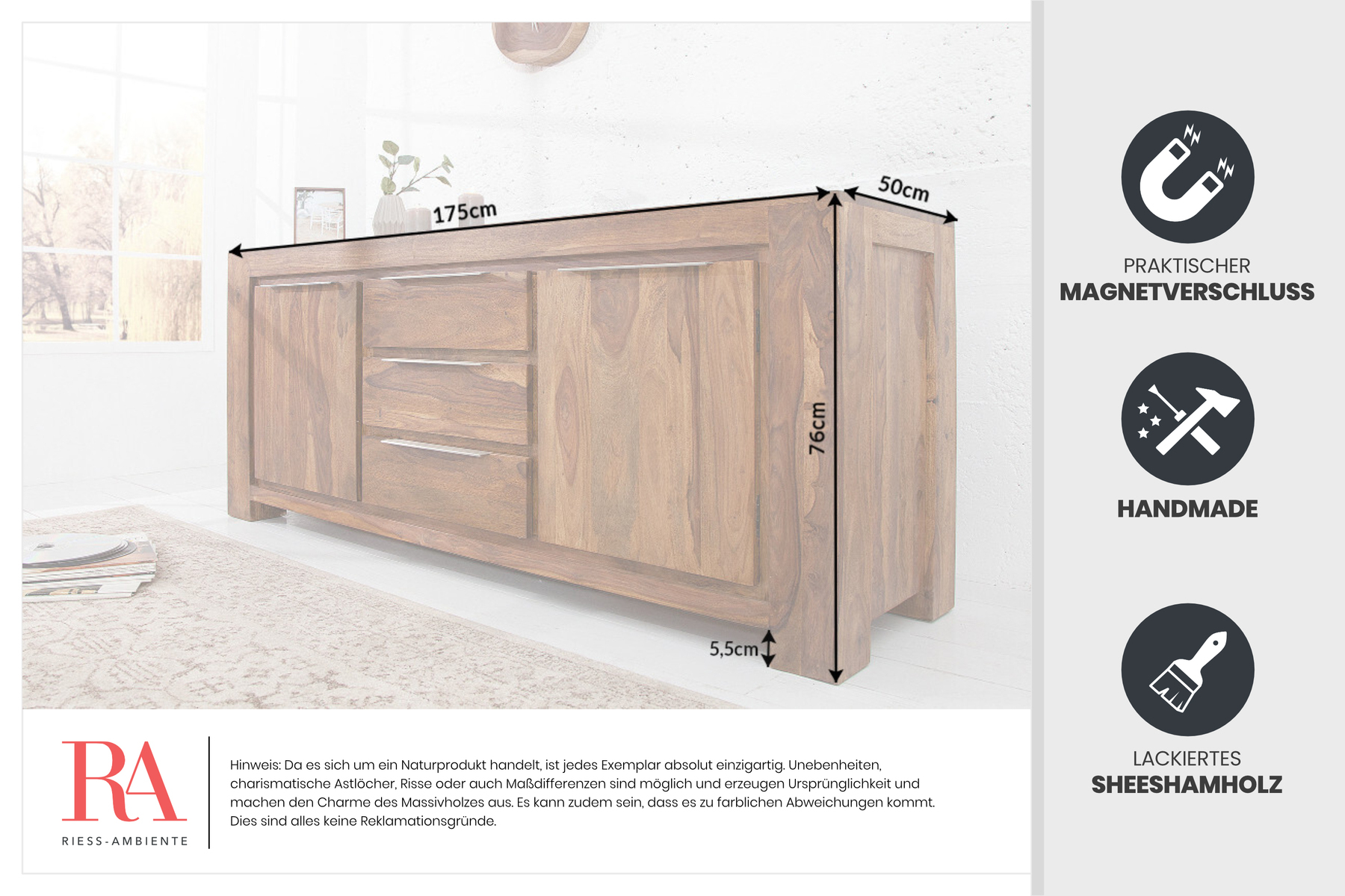 Massivholz Sideboard MAKASSAR 175cm braun Sheesham stone finish Kommode mit Schubladen