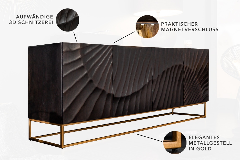 Massives Sideboard SCORPION 180cm schwarz Mangoholz aufwendige 3D Schnitzereien