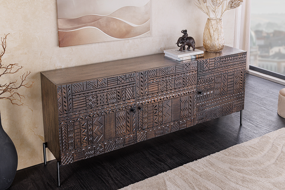 Massives Sideboard TRIBAL 180cm antik braun Mangoholz 3D-Front viel Stauraum » Jetzt kaufen