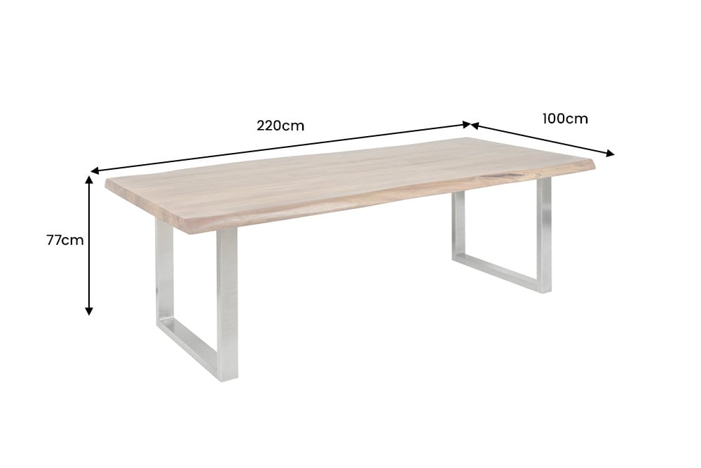 Vollmassiver Esstisch MAMMUT 220cm Akazie U-Gestell Edelstahl Baumkante 6cm Tischplatte
