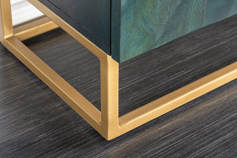 Massives Sideboard SCORPION 180cm türkis Mangoholz gold Metall 3D Schnitzereien