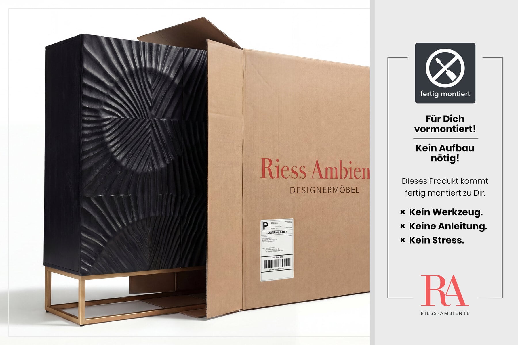 Massives Highboard SCORPION 120cm schwarz Mangoholz aufwendige 3D Schnitzereien